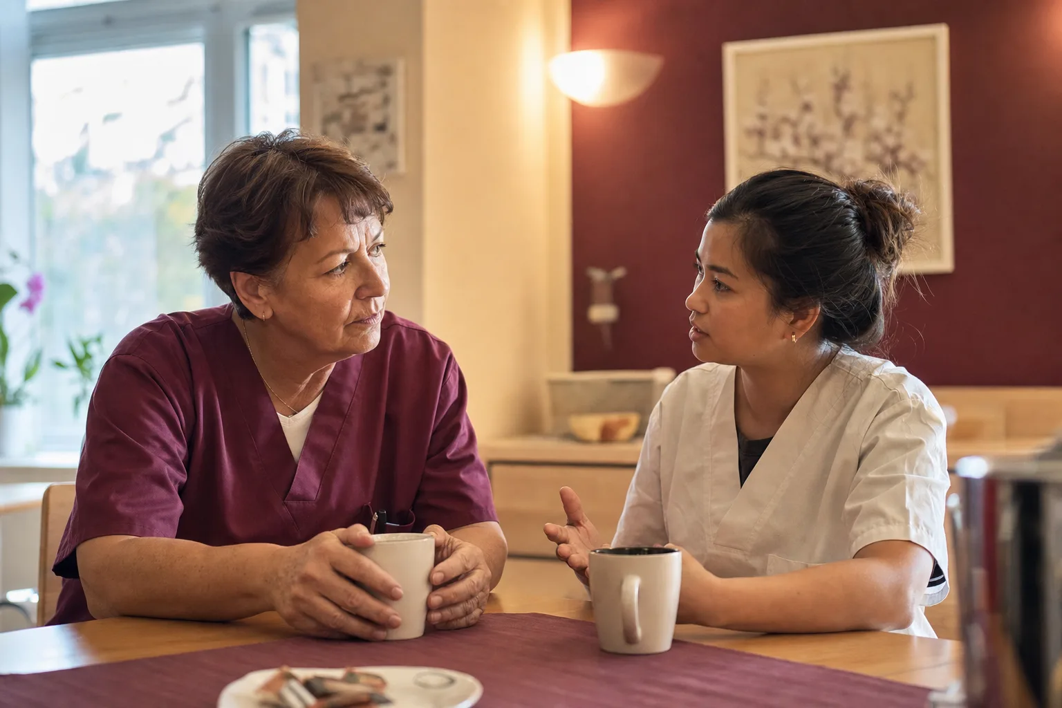 Zwei Pflegekräfte im fachlichen Gespräch